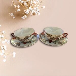 Vintage Antique Japanese Kutani Eggshell Porcelain Cup & Saucer Set (2 Sets)